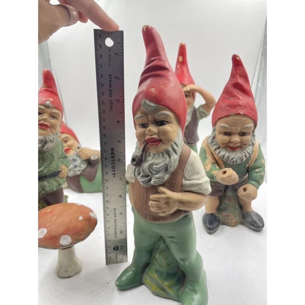 RARE Vintage Heissner West Germany Terracotta Garden Gnome Set of 4 + Mushroom